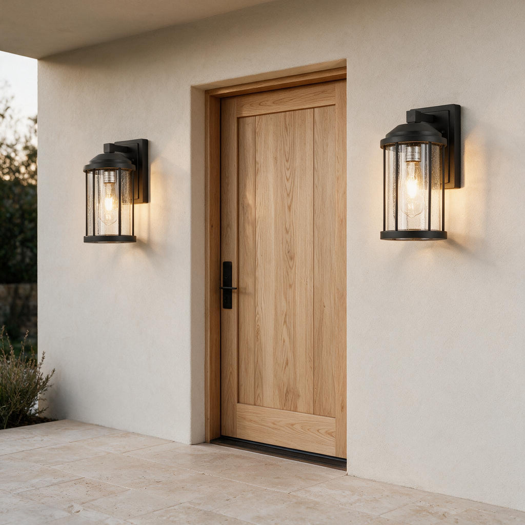 Seeded Glass Outdoor Wall Lights — Set of 2 — styled in a calm outdoor setting