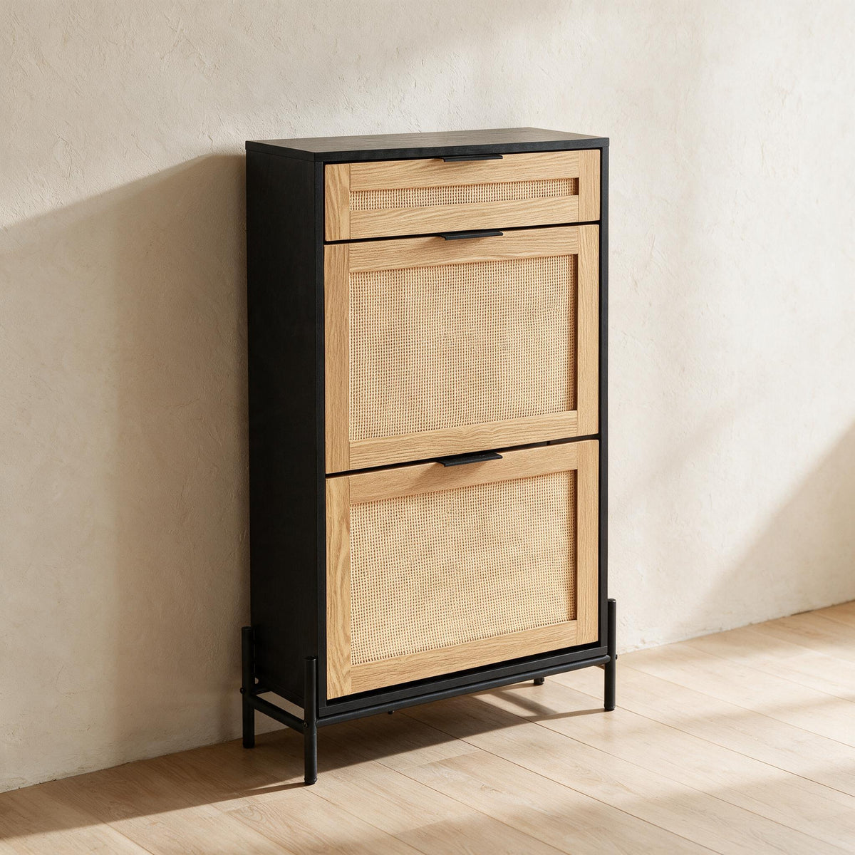 VEVOR Slim Shoe Cabinet - Black & Rattan Look — premium full product view.