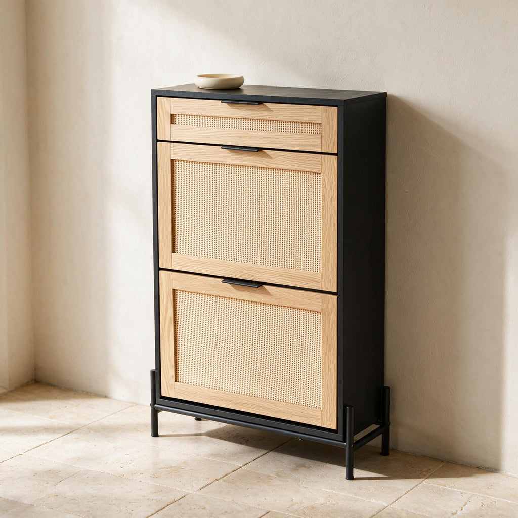 VEVOR Slim Shoe Cabinet - Black & Rattan Look — styled in a warm neutral indoor setting.