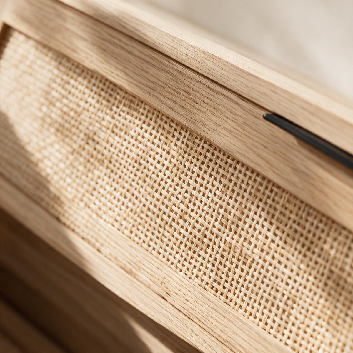 VEVOR Slim Shoe Cabinet - Black & Rattan Look — close detail of the original material and construction.