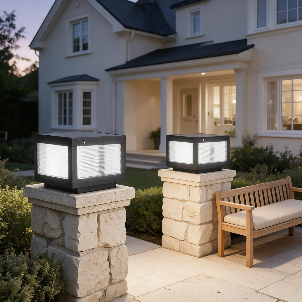 Solar Pillar Lights — Set of 2 — styled in a calm outdoor setting