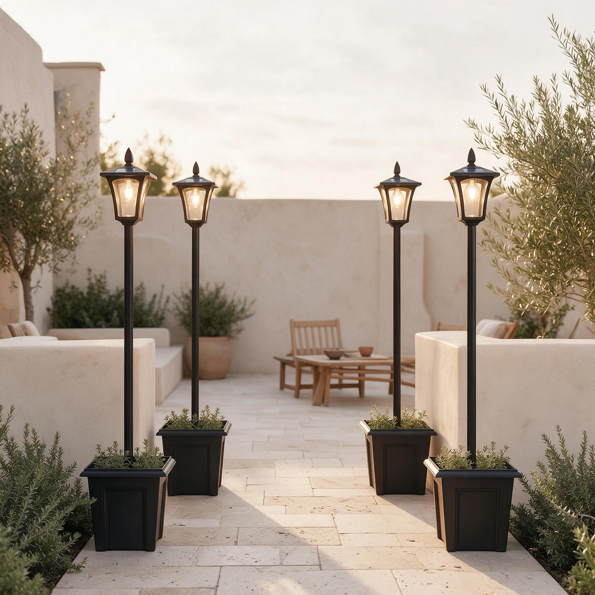 Solar Planter Lamp Posts — Set of 4 — styled in a calm outdoor setting
