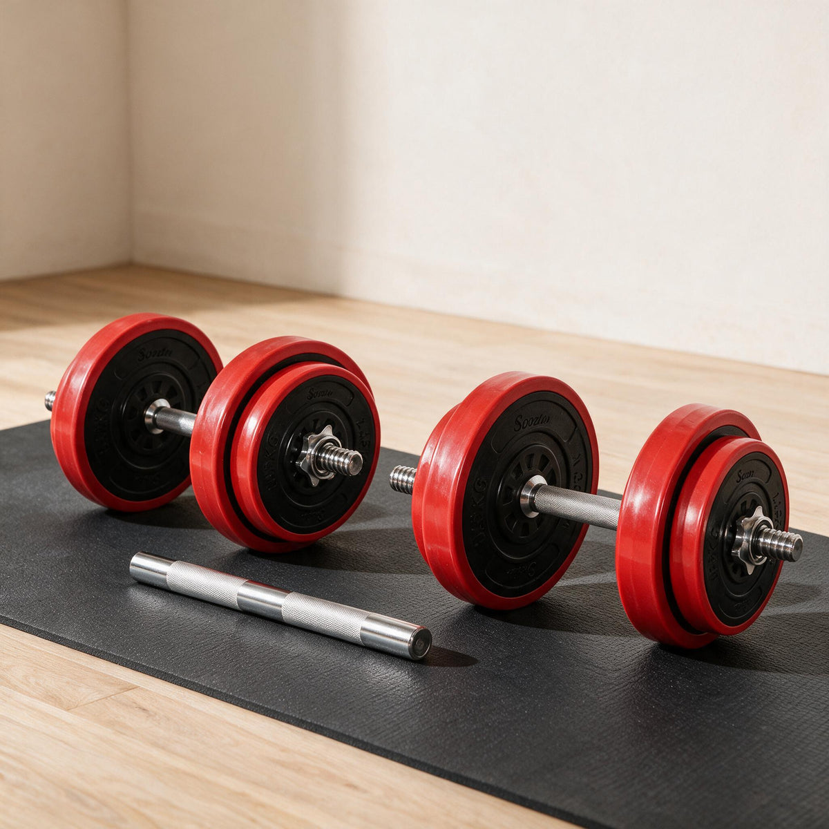 Soozier Dumbbell & Barbell Set - 44 lb — styled in a warm neutral indoor setting.