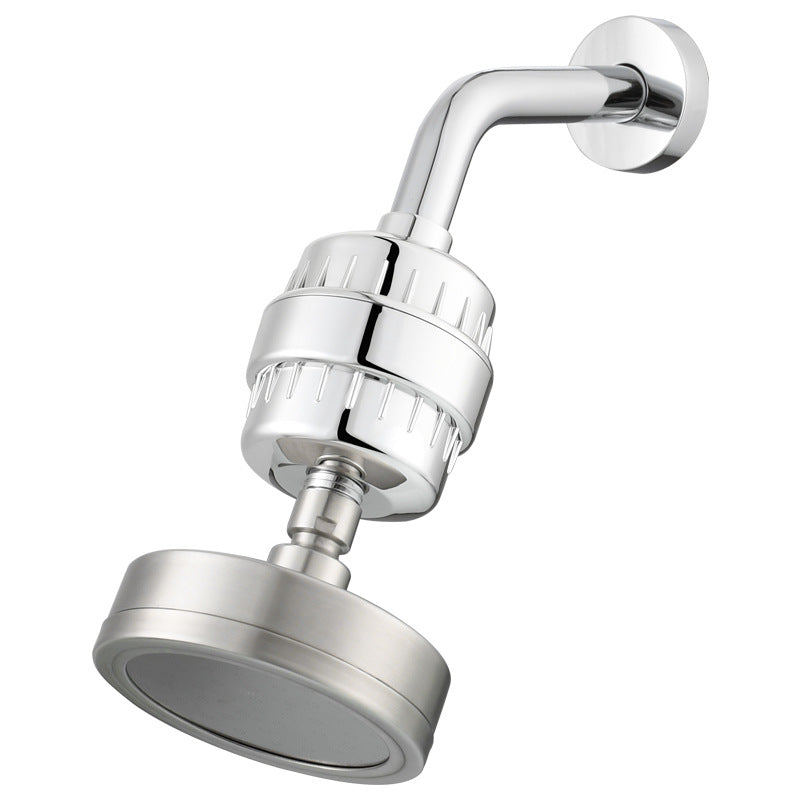 Brushed Steel rainfall showerhead with Standard nozzles and a shower arm and filter.