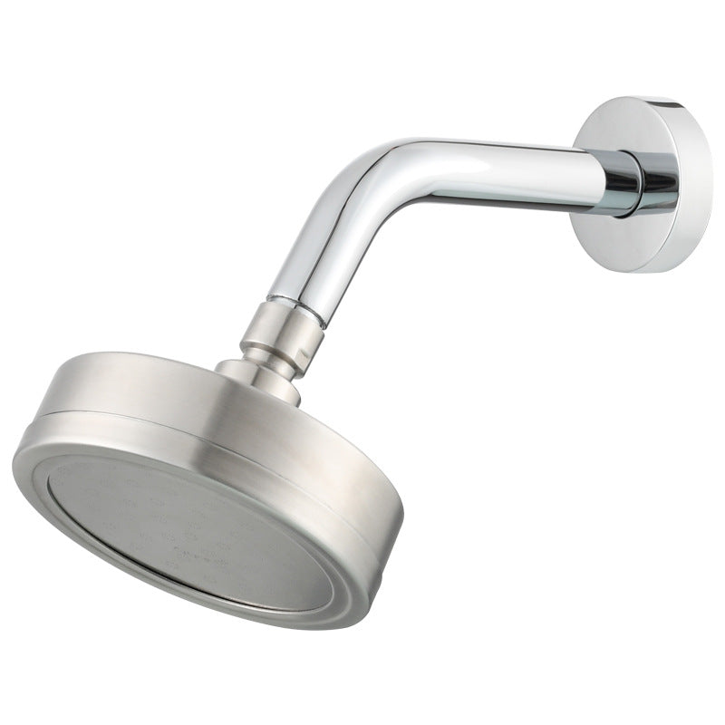 Brushed Steel rainfall showerhead with Standard nozzles and a shower arm.