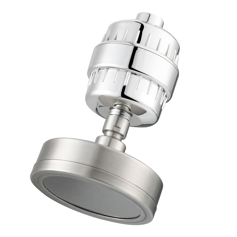 Brushed Steel rainfall showerhead with Standard nozzles and a filter.
