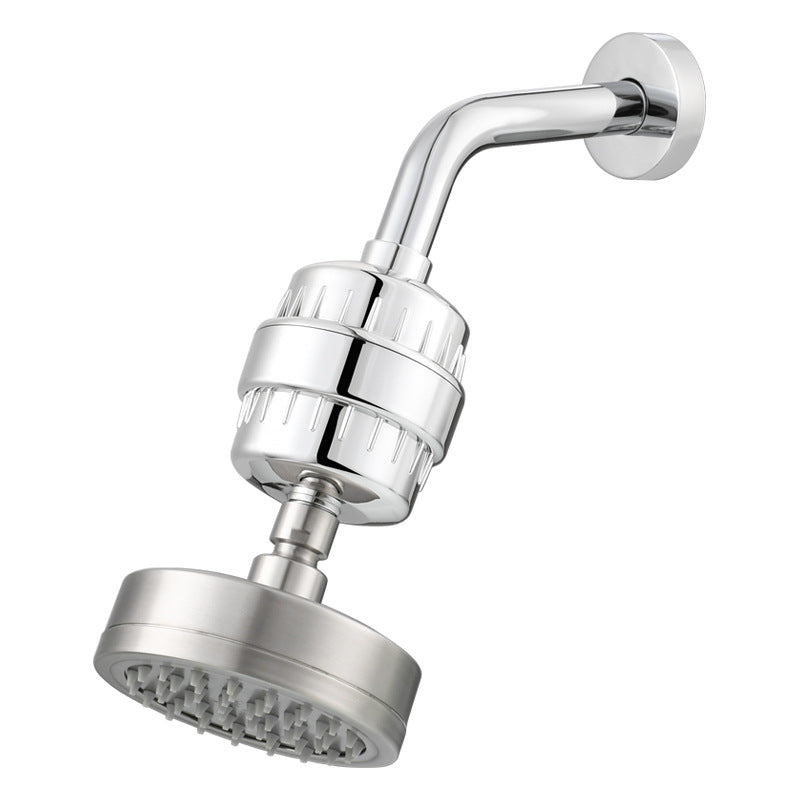 Brushed Steel rainfall showerhead with Silicone nozzles and a shower arm and filter.