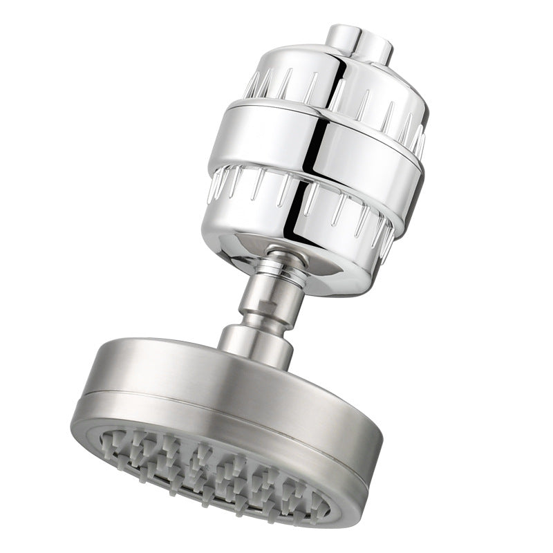 Brushed Steel rainfall showerhead with Silicone nozzles and a filter.