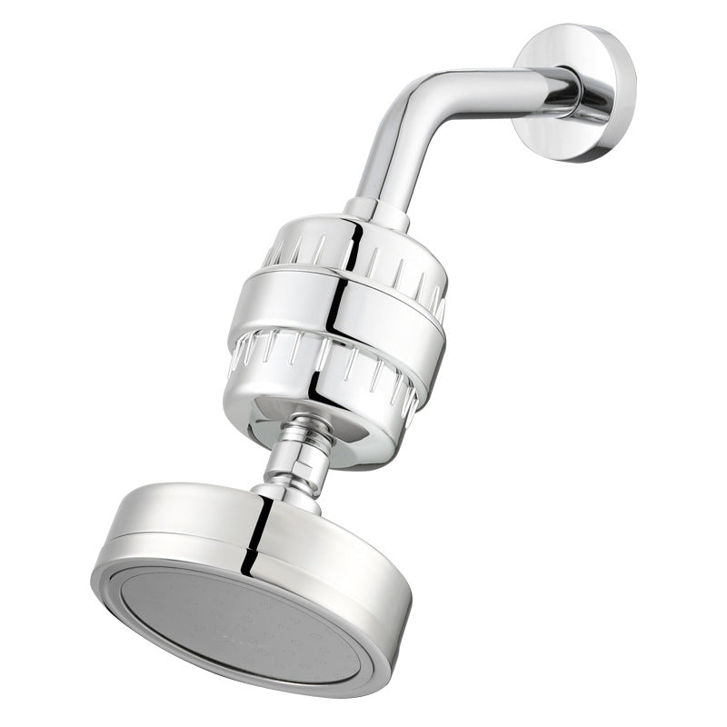 Polished Steel rainfall showerhead with Standard nozzles and a shower arm and filter.