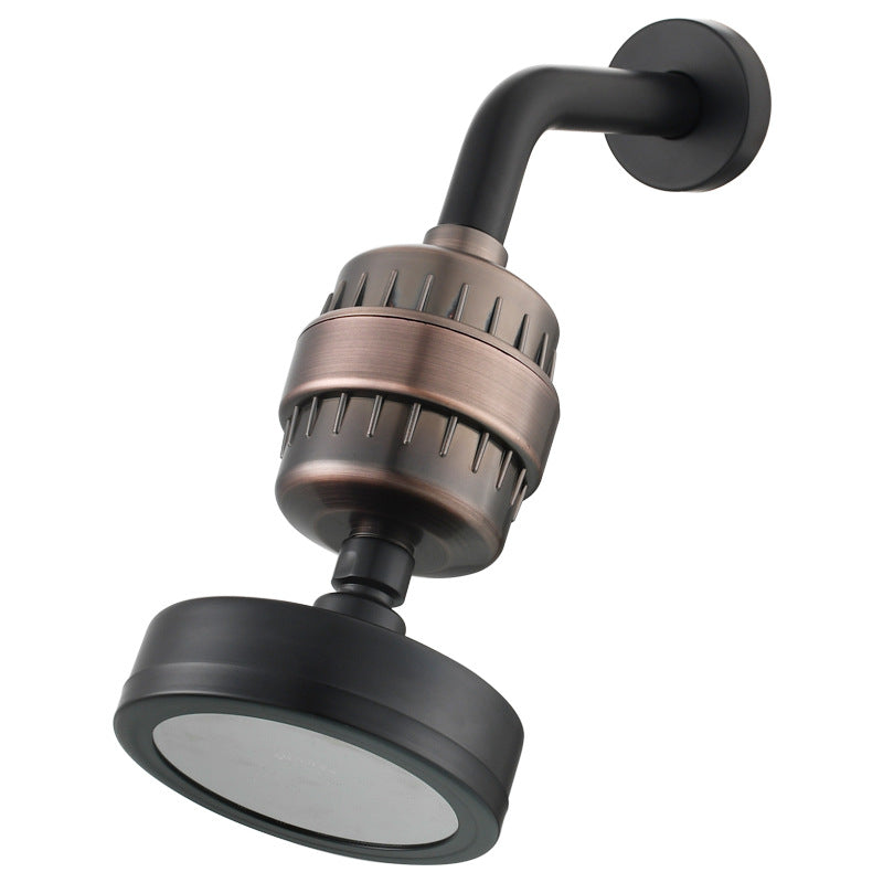 Black rainfall showerhead with Standard nozzles and a shower arm and filter.