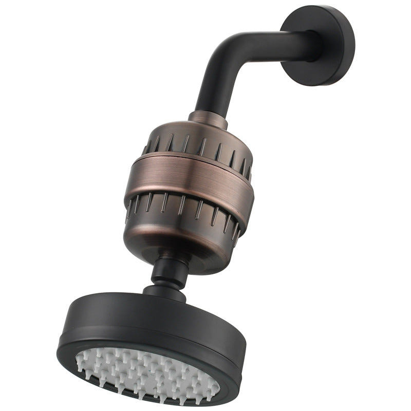 Black rainfall showerhead with Silicone nozzles and a shower arm and filter.