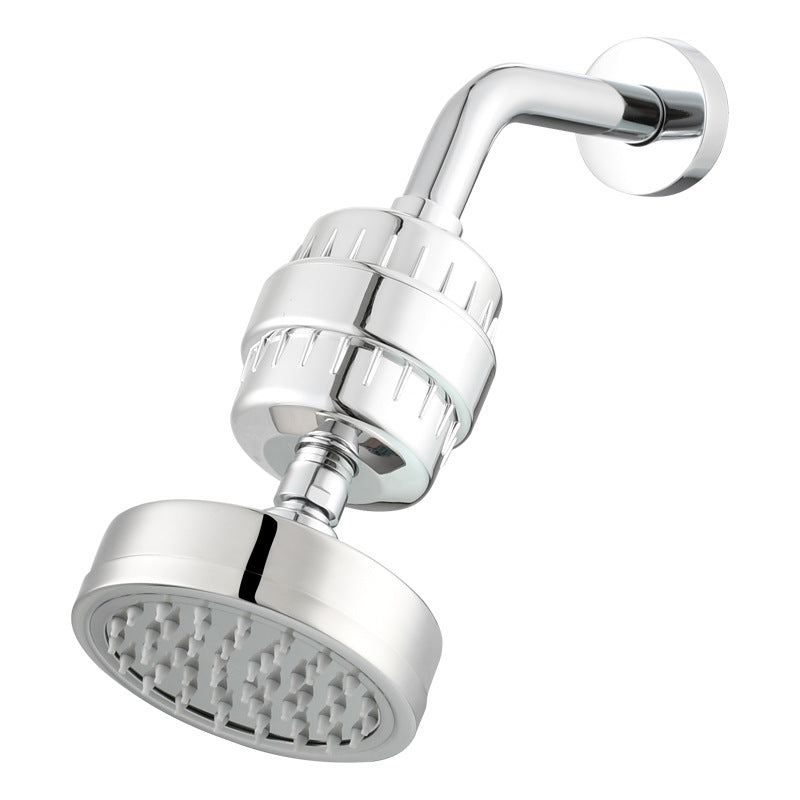 Polished Steel rainfall showerhead with Silicone nozzles and a shower arm and filter.
