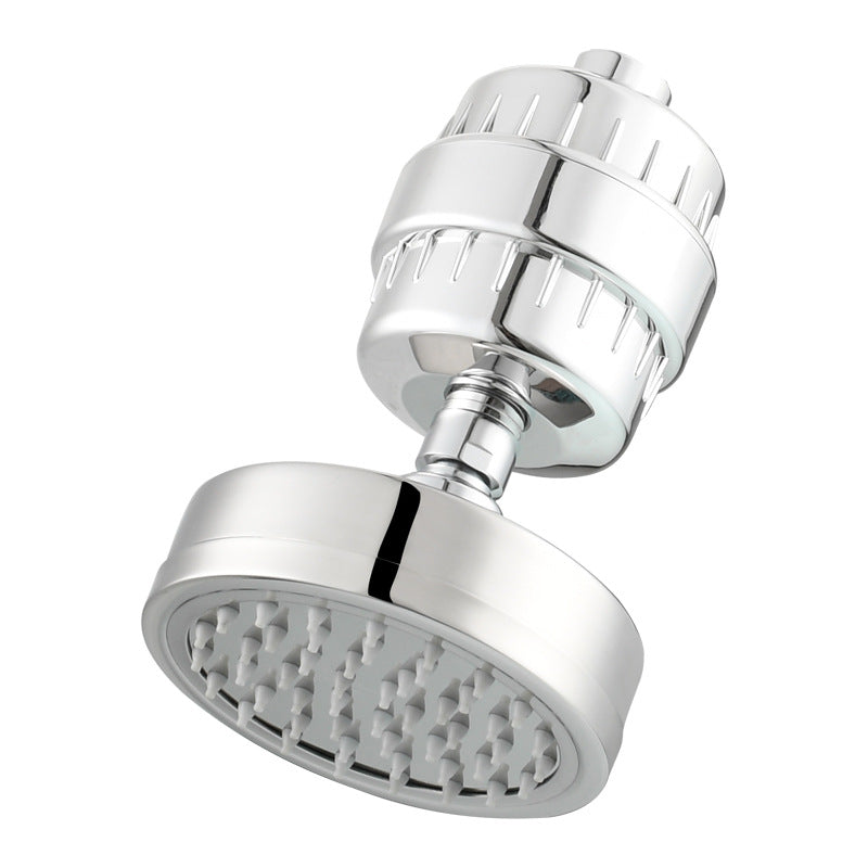 Polished Steel rainfall showerhead with Silicone nozzles and a filter.