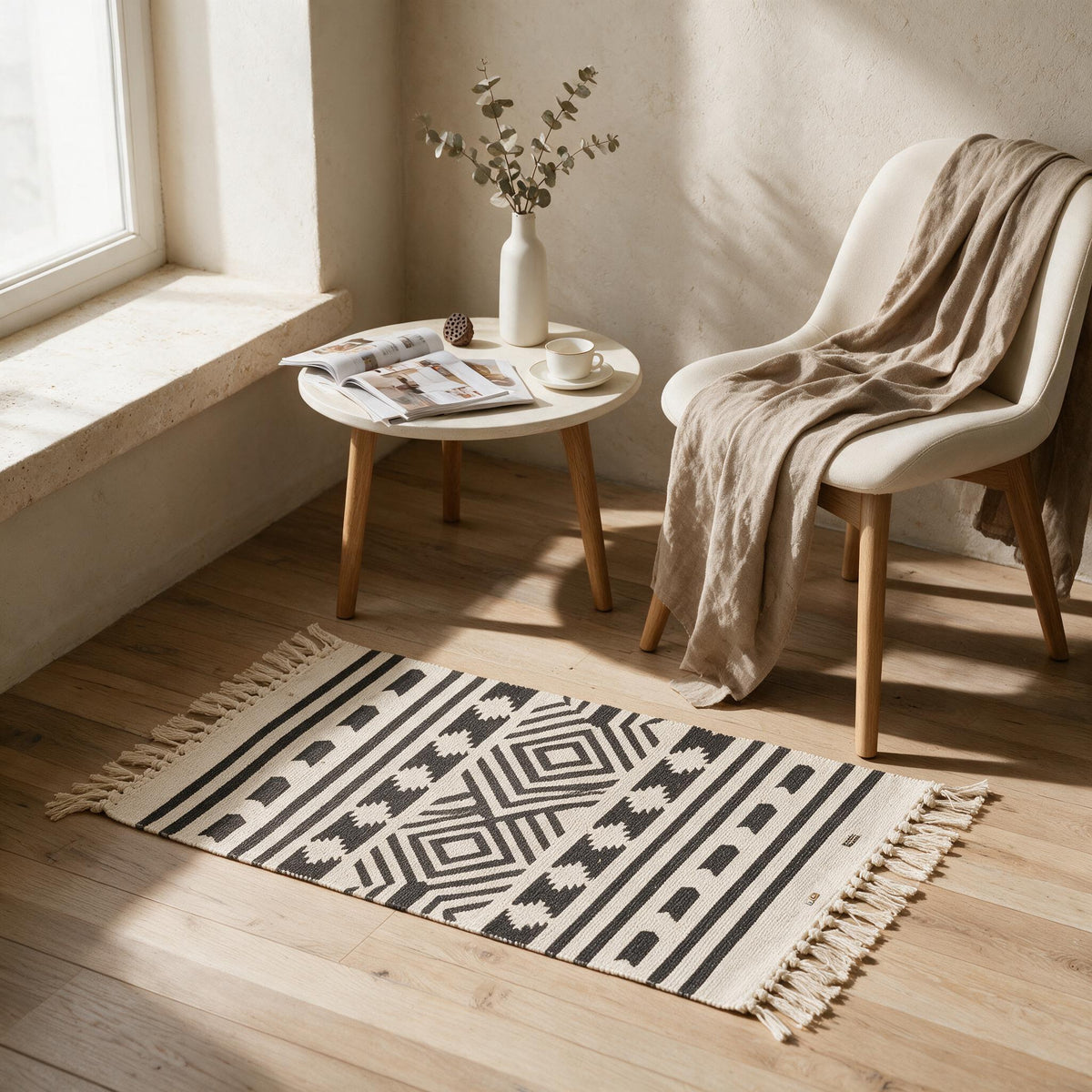 Tassel Accent Rug — styled in a warm neutral home
