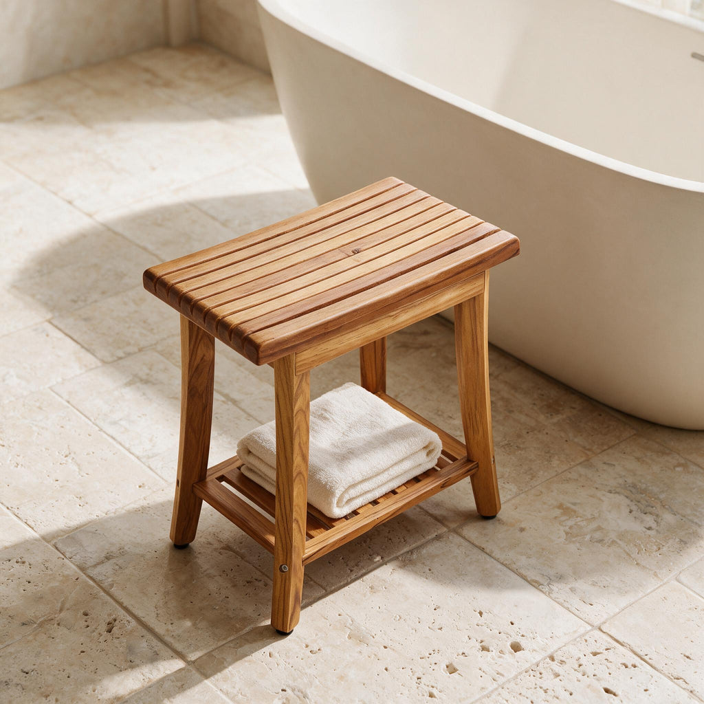 VEVOR Teak Shower Bench - 20-Inch — styled in a warm neutral indoor setting.