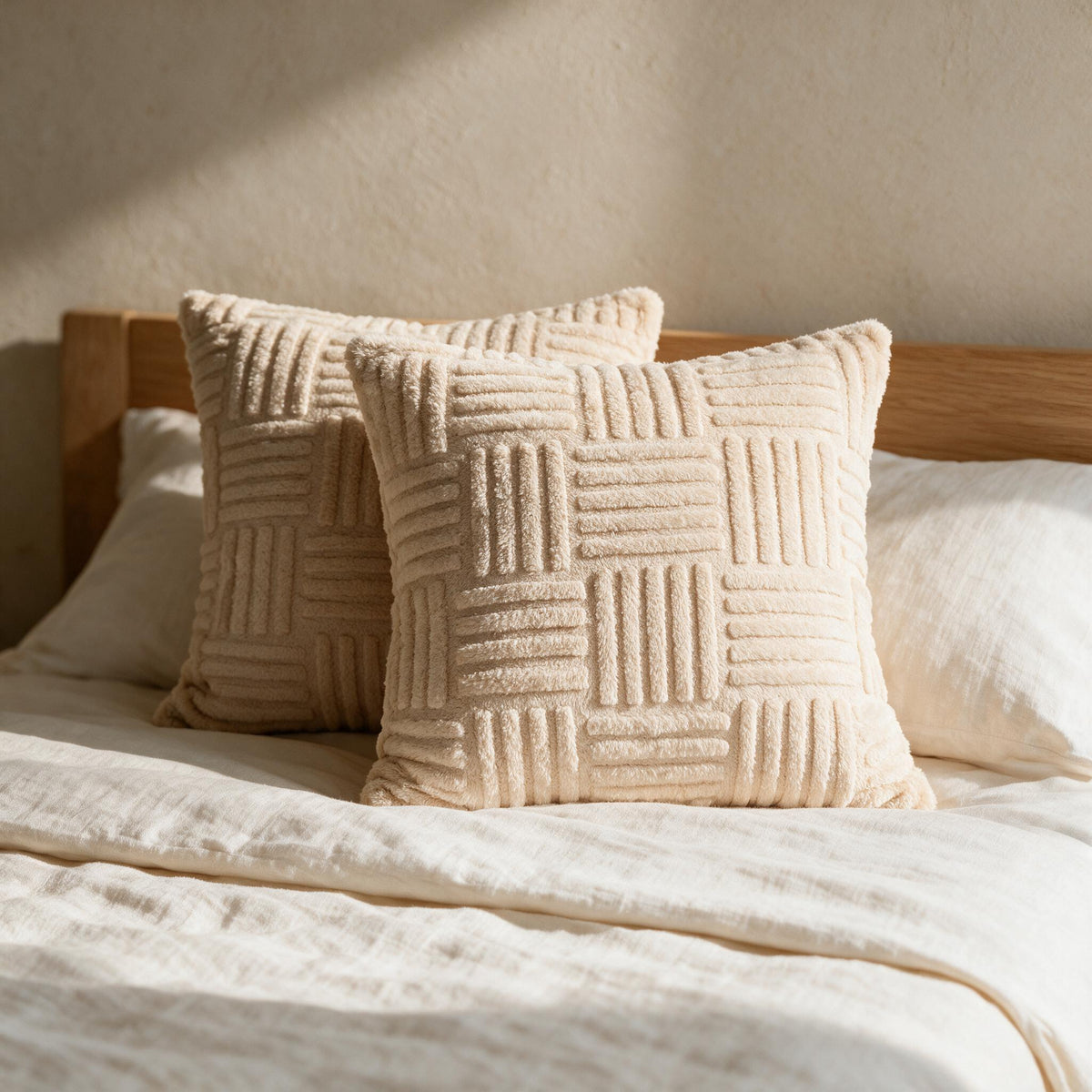 A pair of warm beige Textured Plush Pillow Covers on ivory linen bedding.