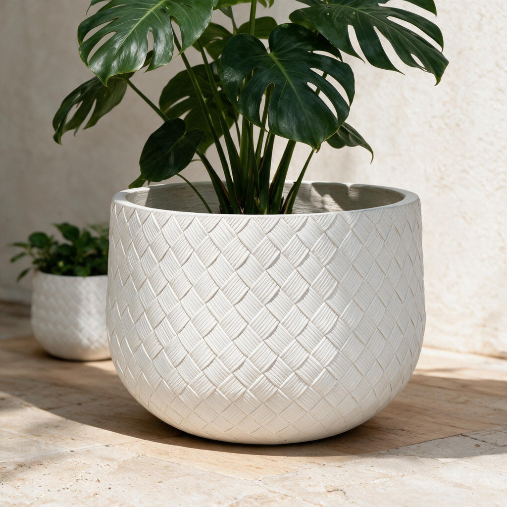 Textured White Outdoor Planters — Set of 3 — close-up of the original materials and construction