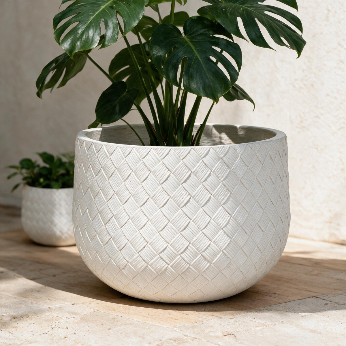 Textured White Outdoor Planters — Set of 3 — close-up of the original materials and construction