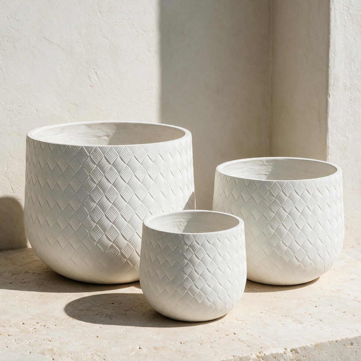 Textured White Outdoor Planters — Set of 3 — full product