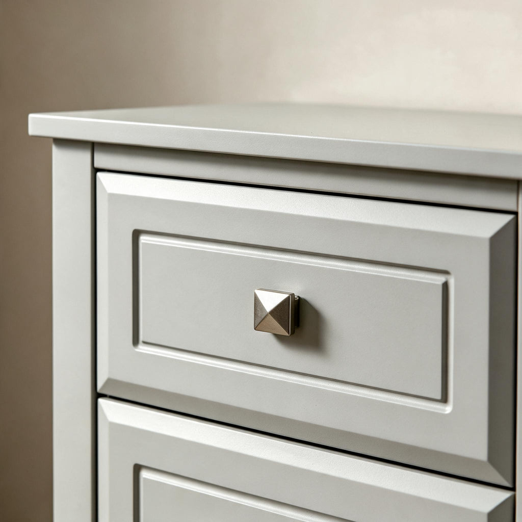 Three-Drawer Nightstand — Gray — material and construction detail