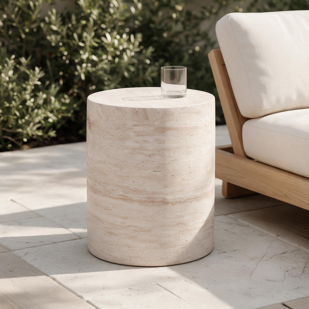 Travertine-Effect Outdoor Side Table — styled in a calm outdoor setting