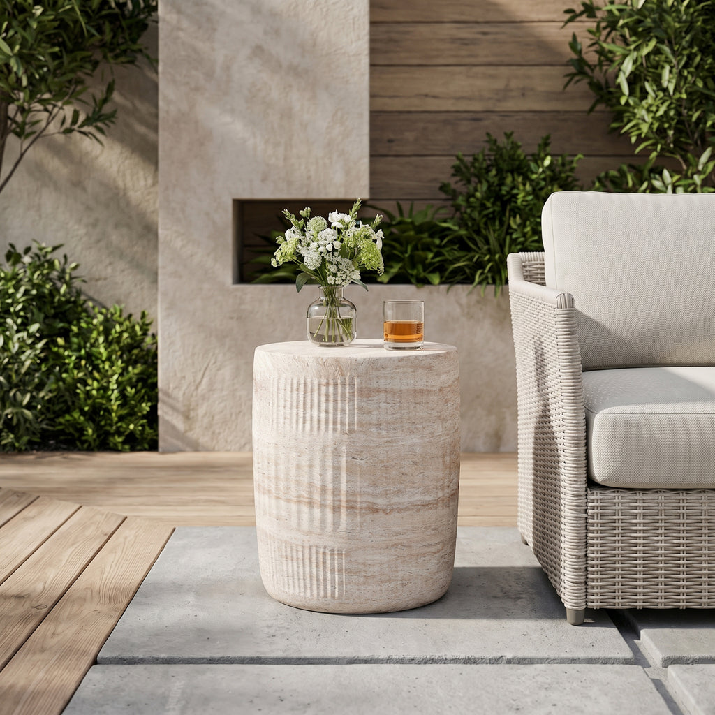 Travertine-Effect Outdoor Side Table