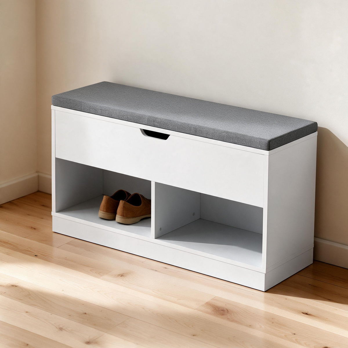 VASAGLE Cushioned Storage Bench — in a warm neutral home setting; styling accessories not included