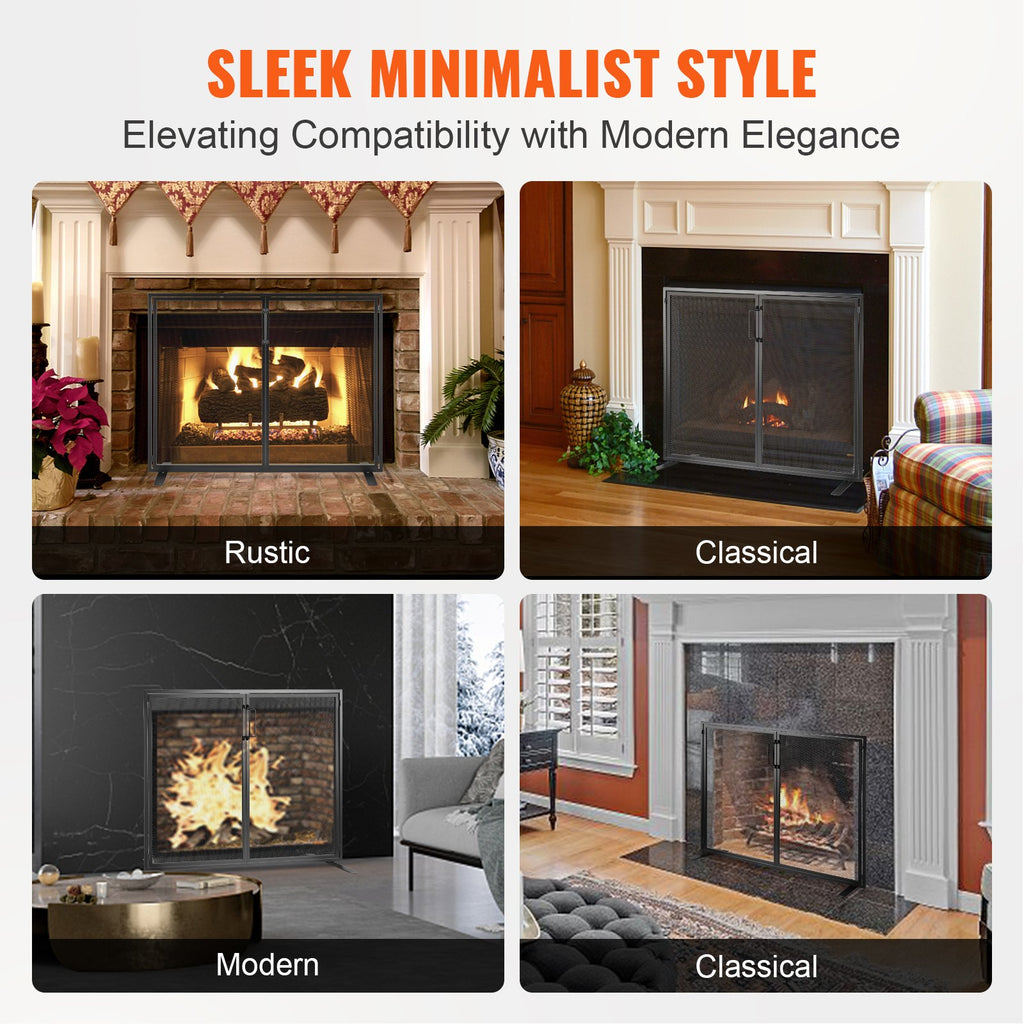 One fireplace screen shown in several room examples; fireplaces and logs not included