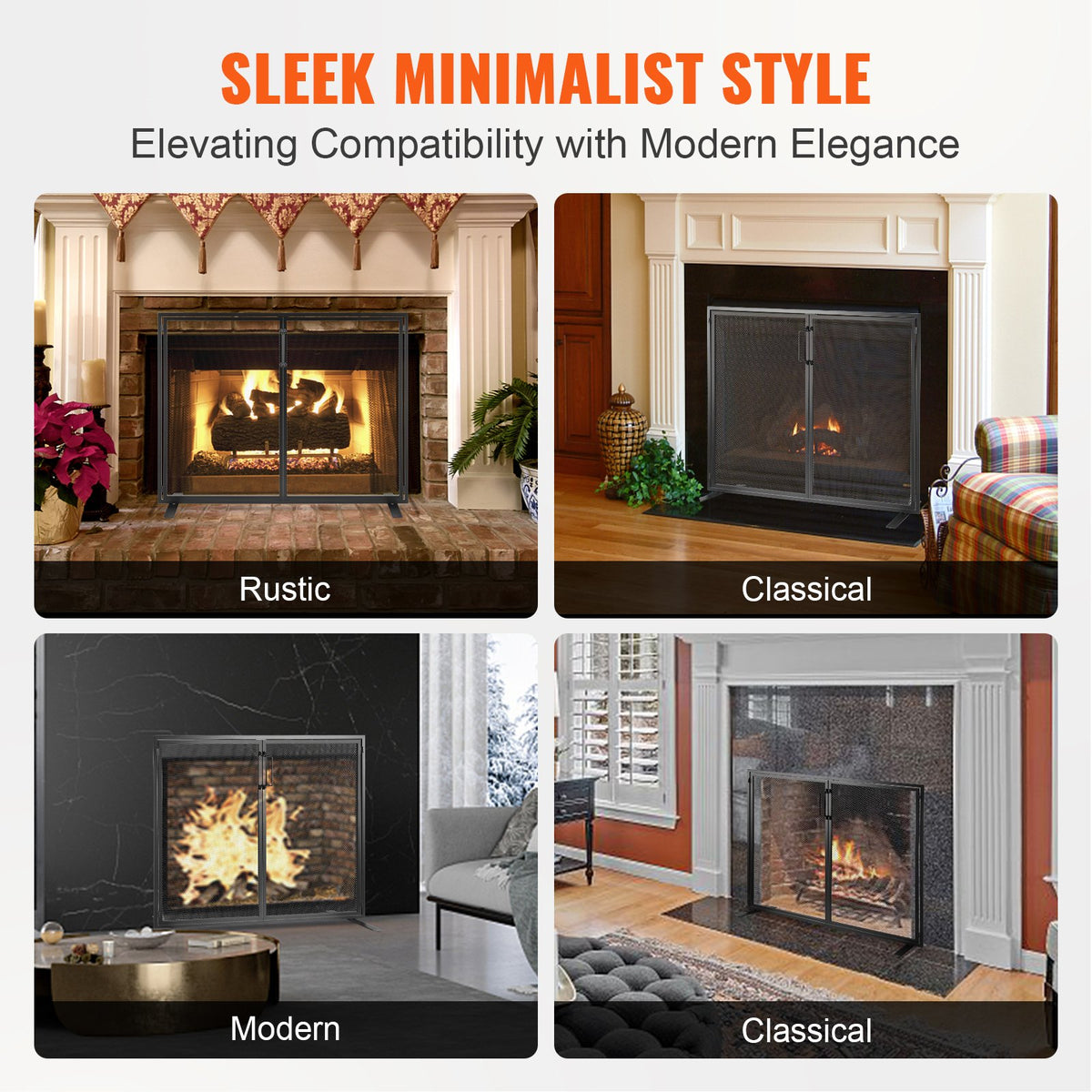 One fireplace screen shown in several room examples; fireplaces and logs not included
