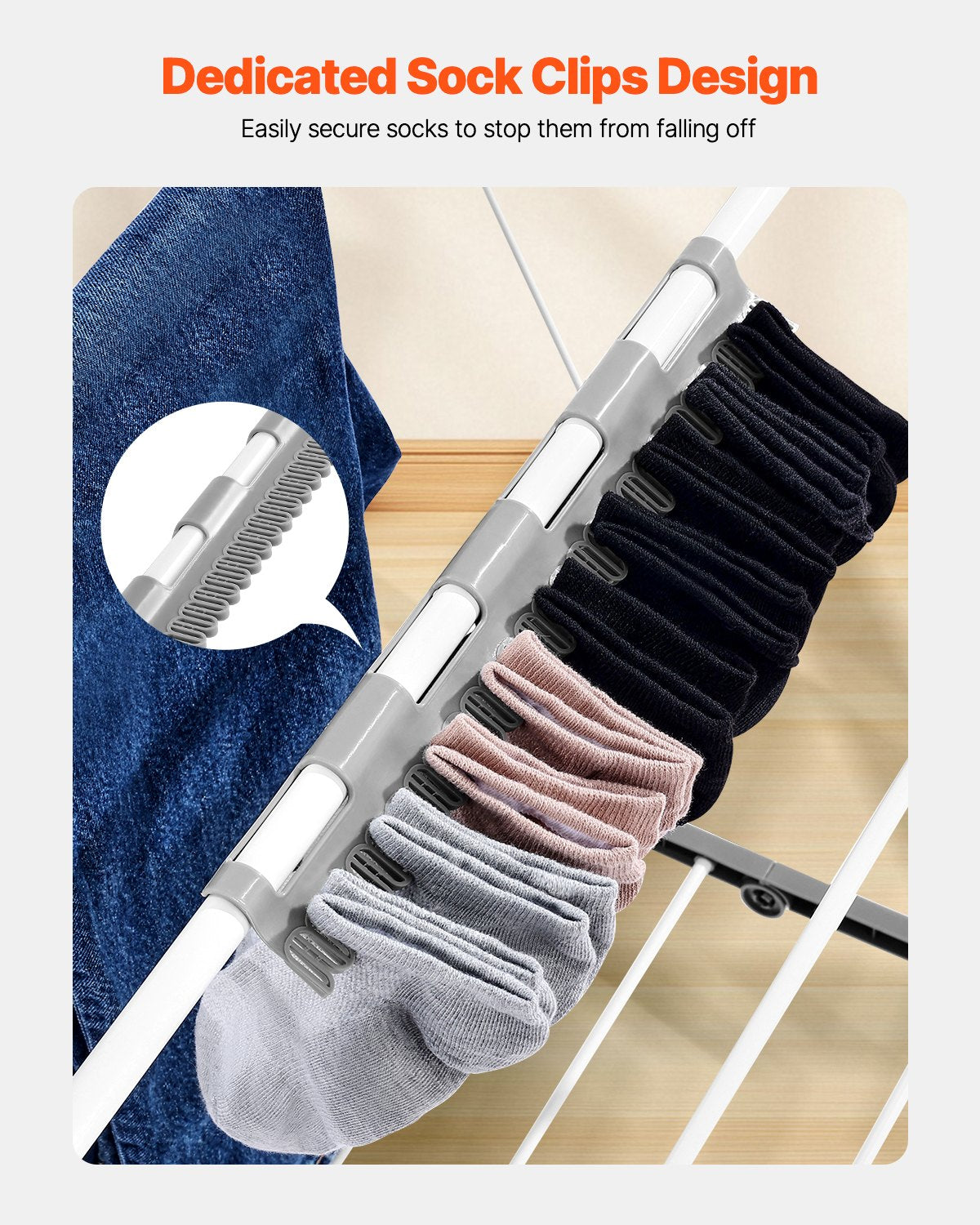 Small-item clips on the drying rack shown holding socks; socks not included
