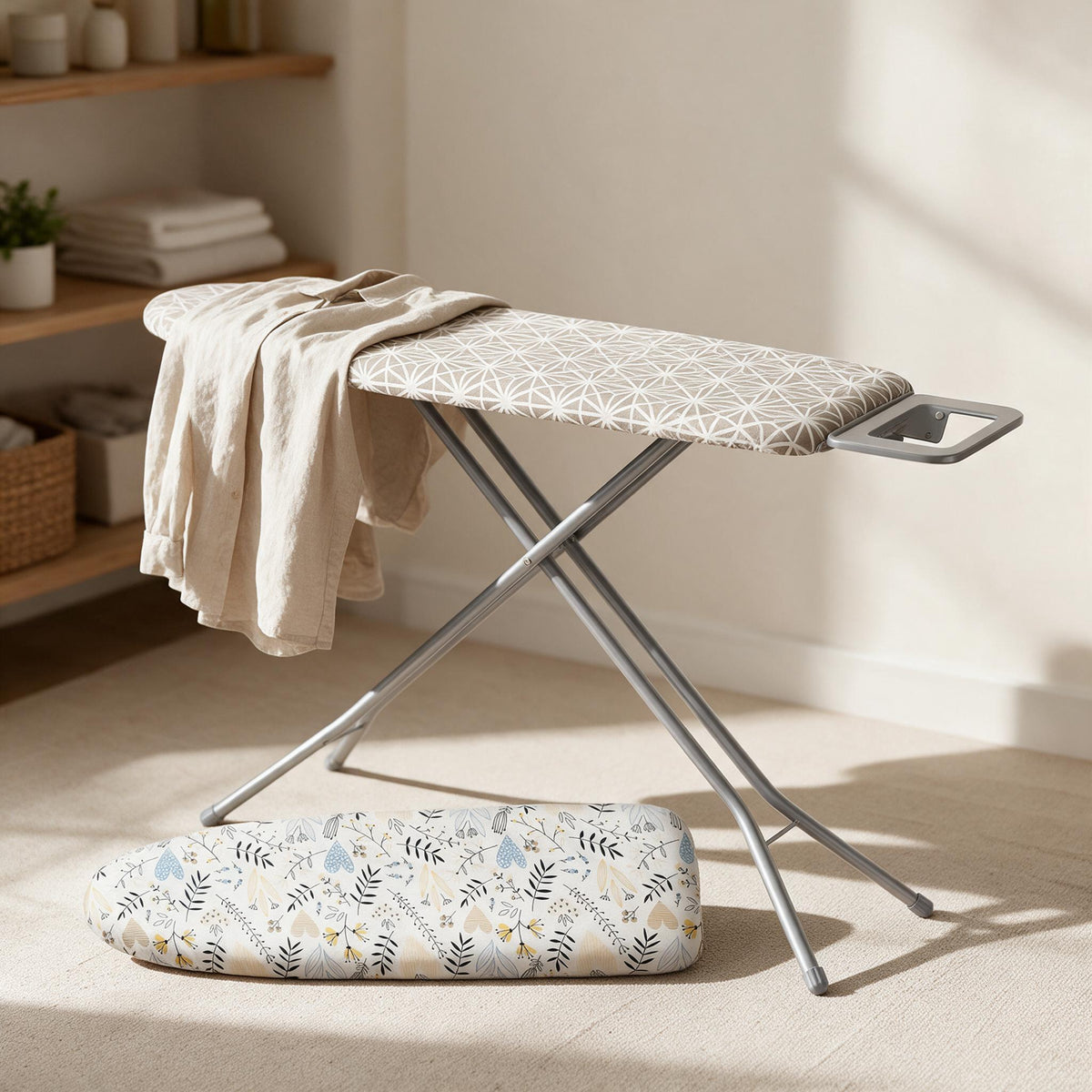 VEVOR Folding Ironing Board — Silver — in a warm neutral home setting; styling accessories not included