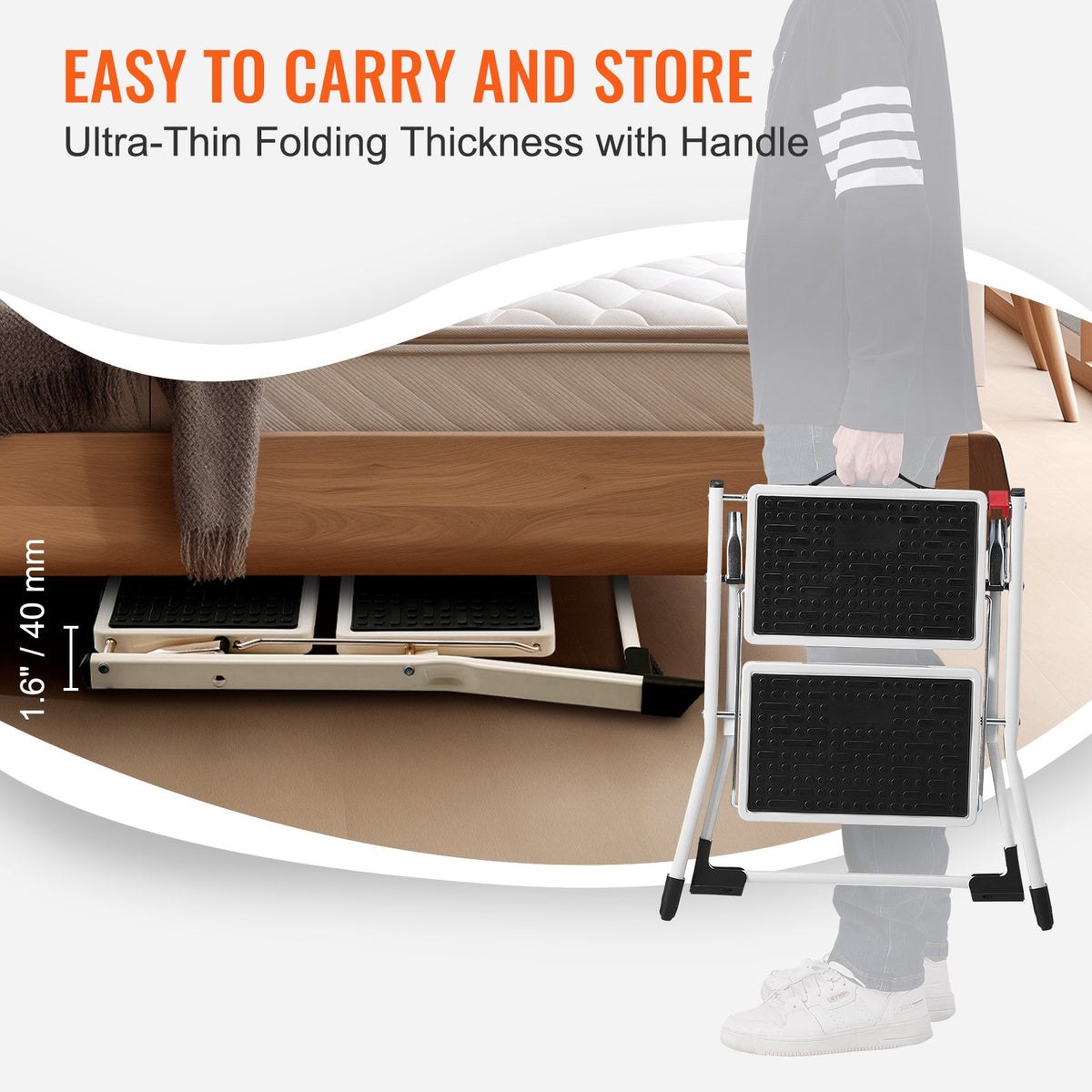 Step stool shown folded for storage; other furnishings not included