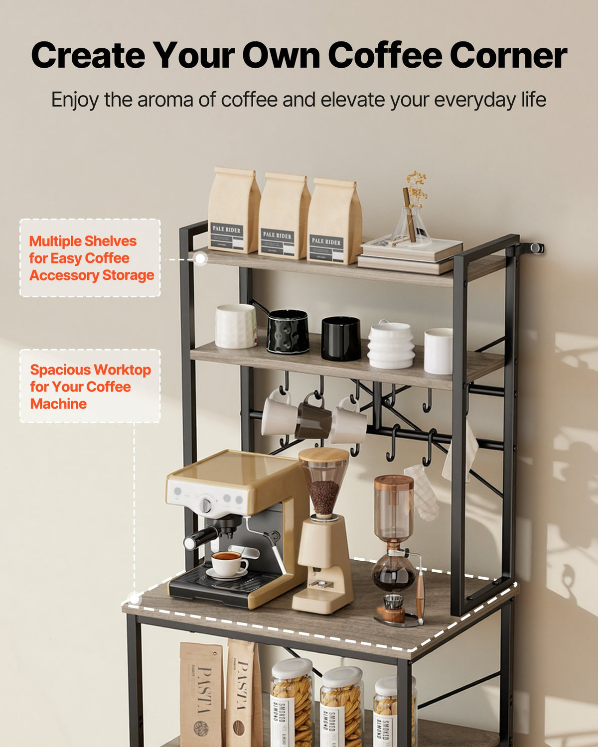 Baker's rack styled as a coffee station; coffee equipment and accessories not included