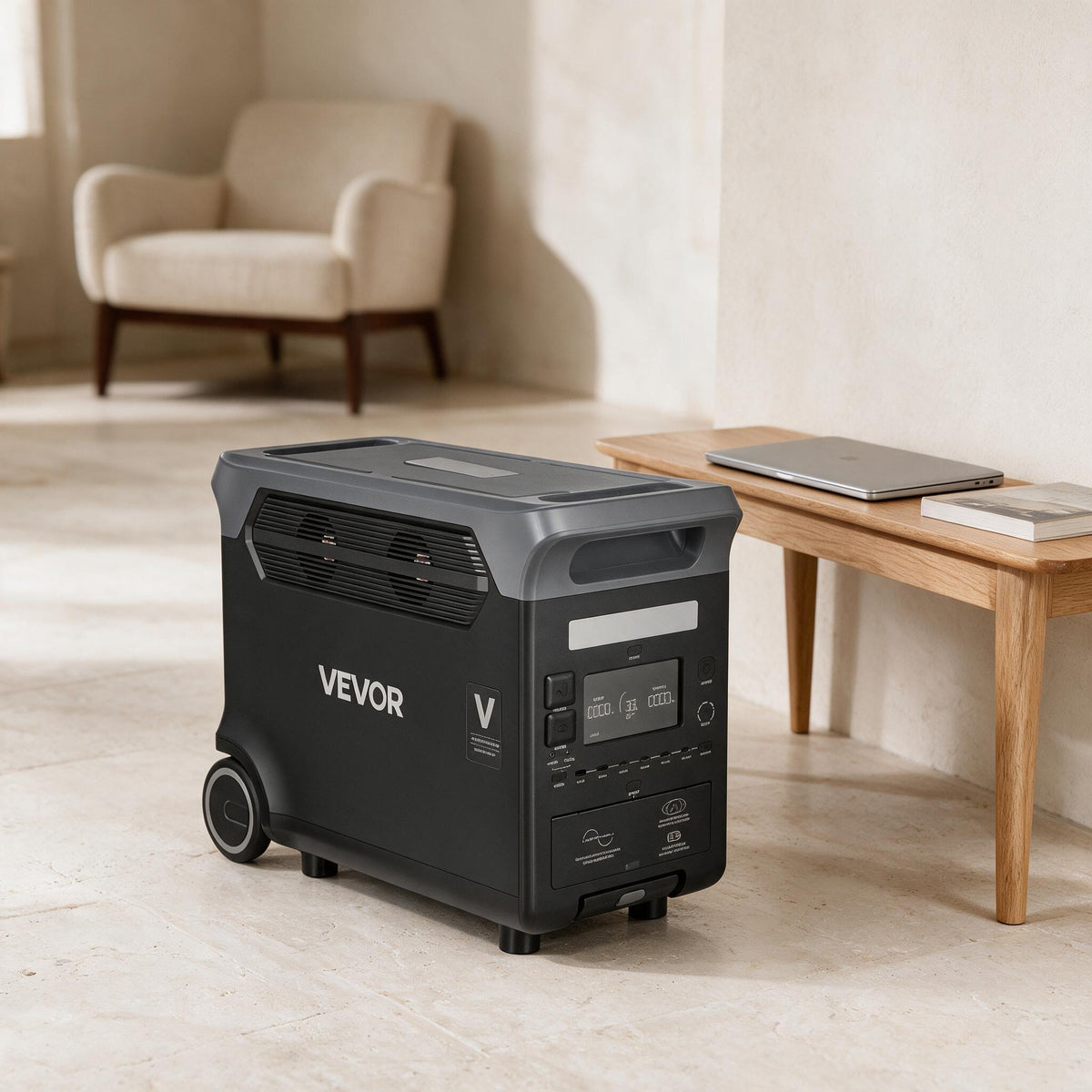 VEVOR LW3000 portable power station — in a warm neutral indoor living space.