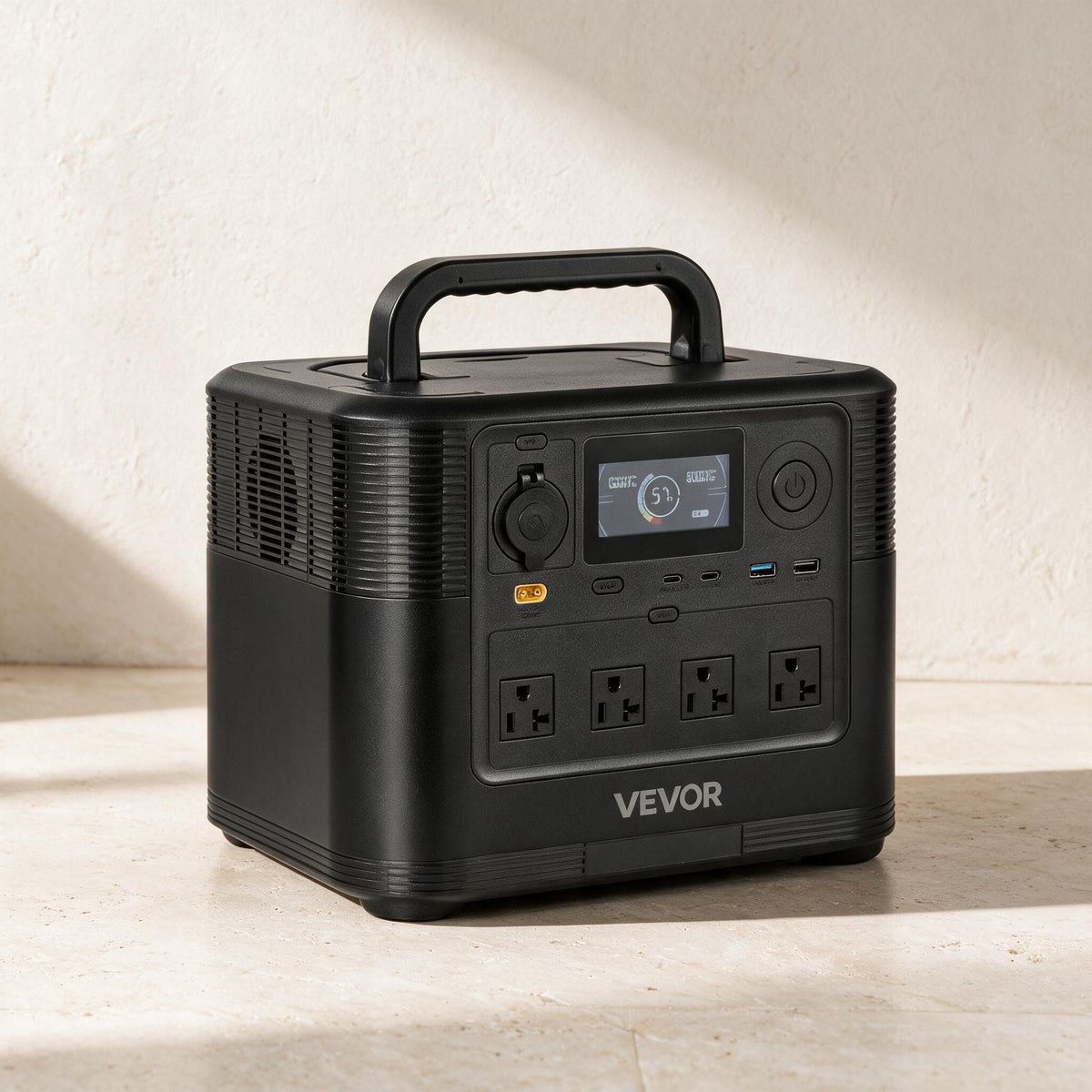 VEVOR M9 portable power station — three-quarter product view against warm ivory limestone.