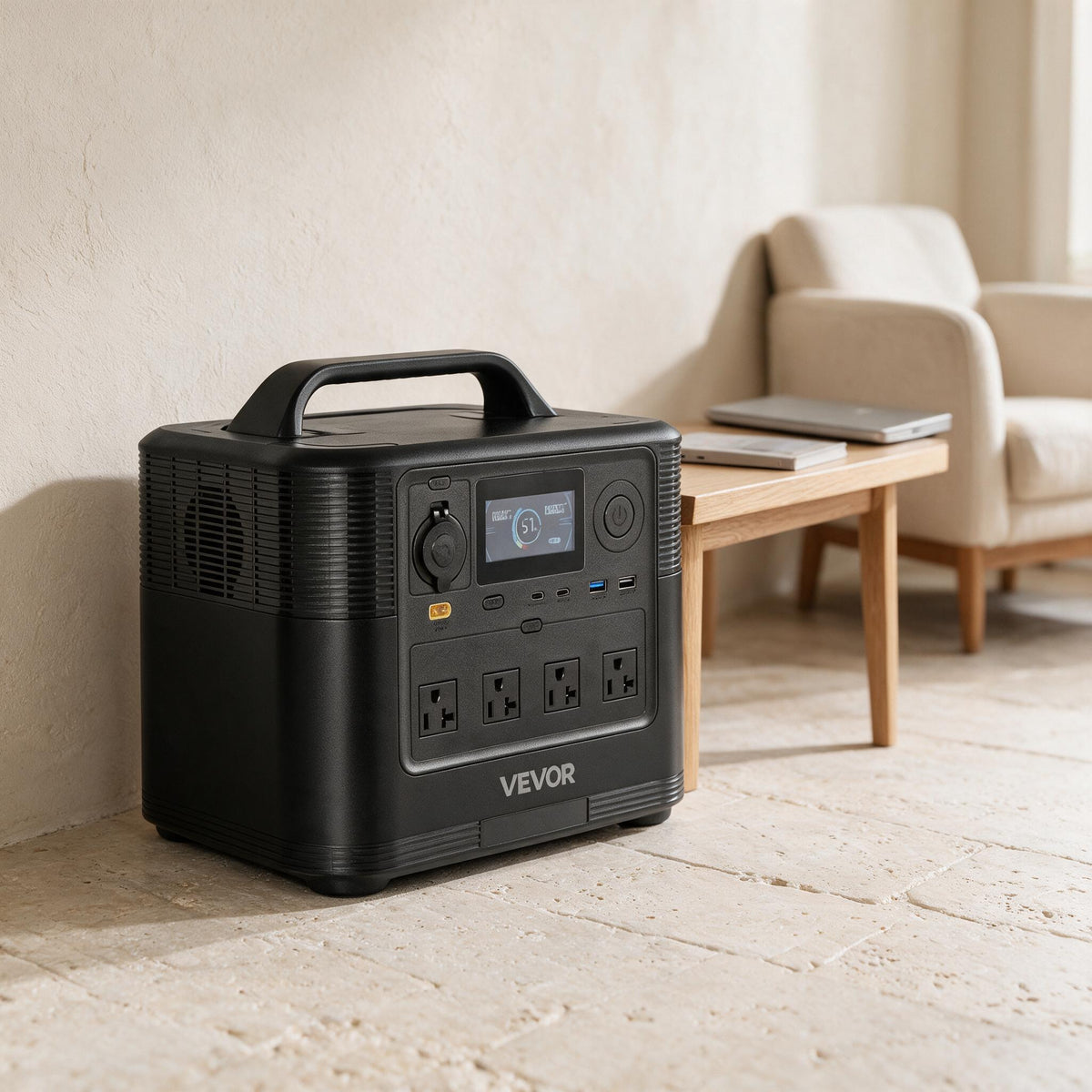 VEVOR M9 portable power station — in a warm neutral indoor living space.
