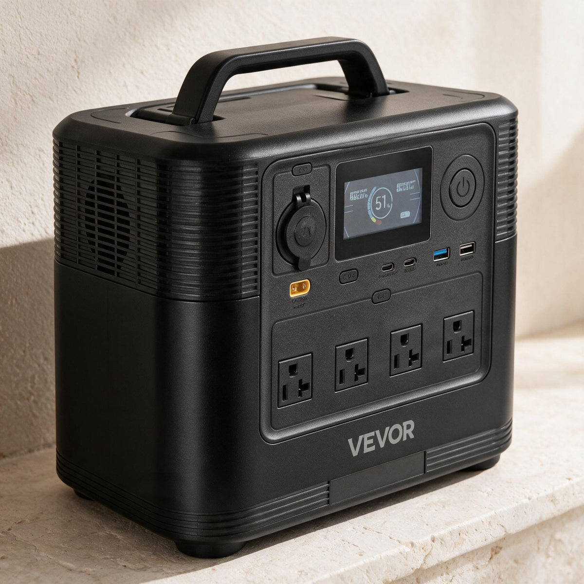 VEVOR M9 portable power station — close view of the original controls, finish and handle.