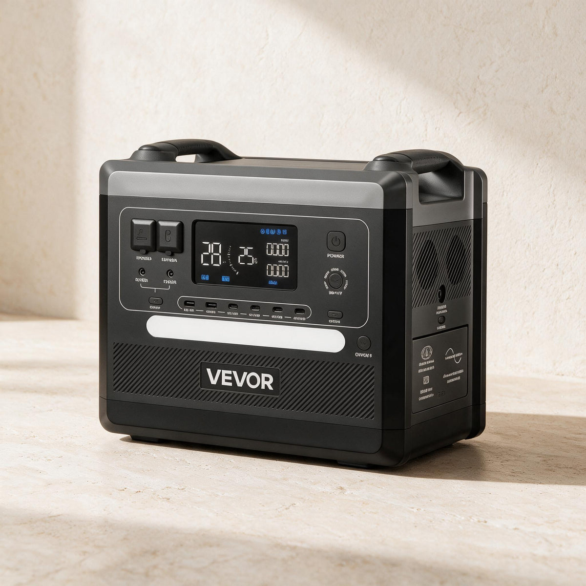 VEVOR Q2400Pro portable power station — three-quarter product view against warm ivory limestone.