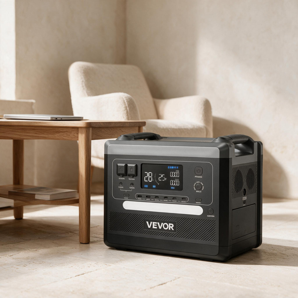 VEVOR Q2400Pro portable power station — in a warm neutral indoor living space.