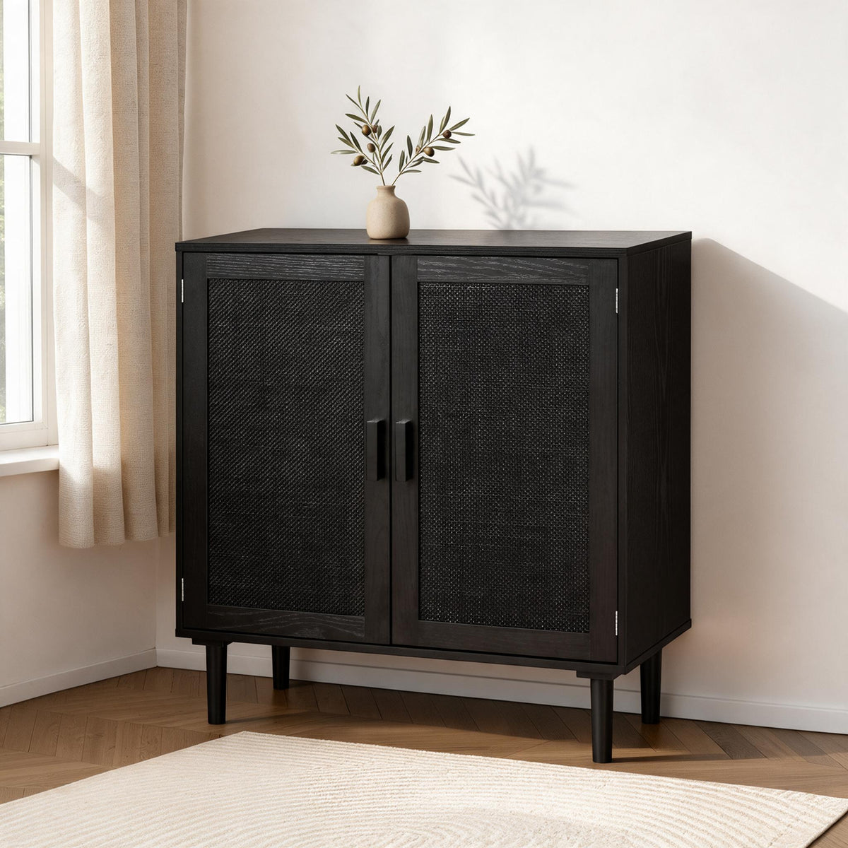 VEVOR Rattan Storage Cabinet — in a warm neutral home setting; styling accessories not included