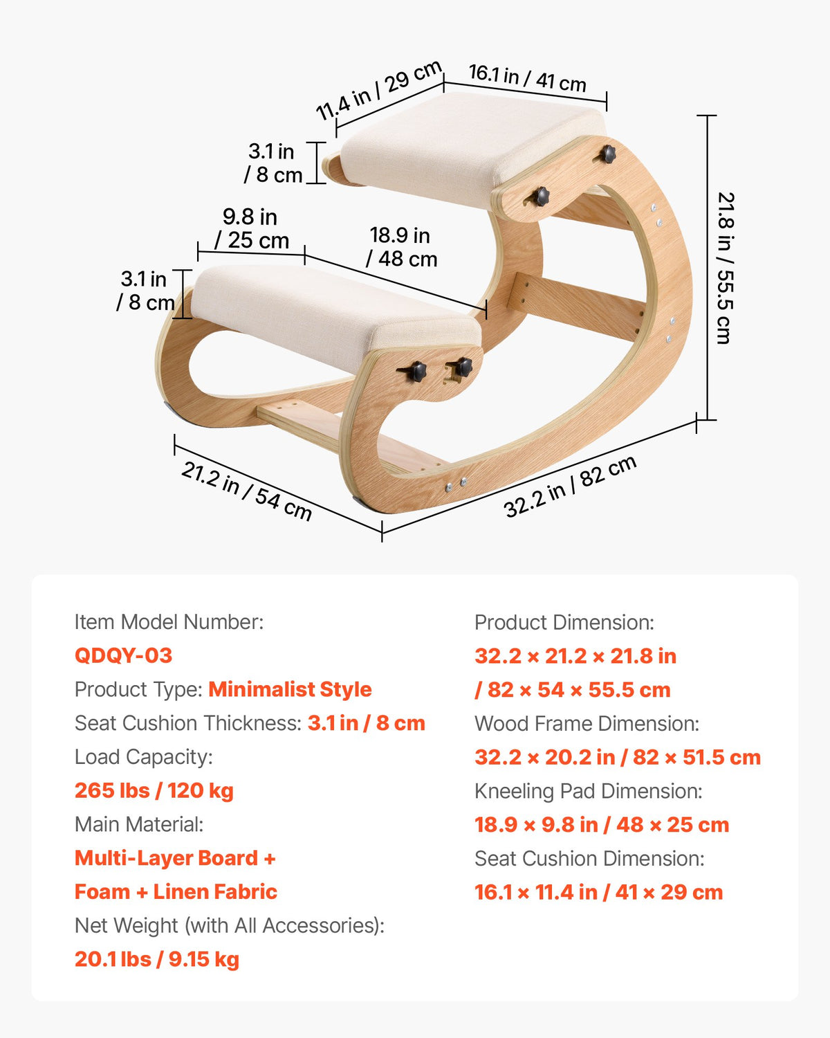 Natural and beige kneeling chair with supplier dimensions