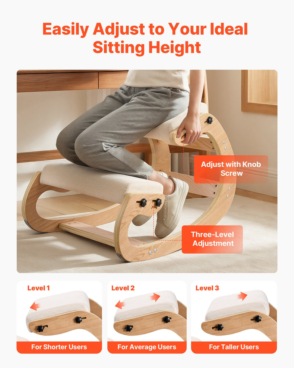 Kneeling chair showing three adjustment settings; model and furnishings not included