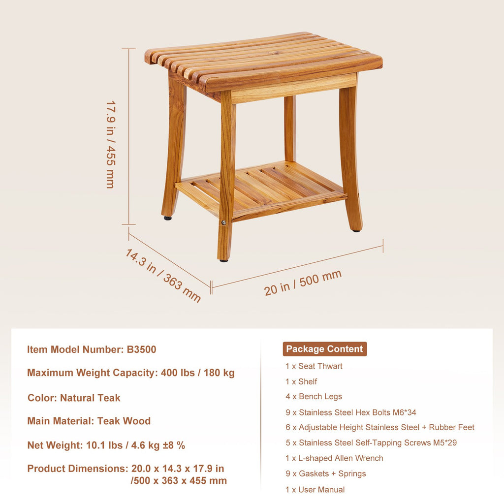 Teak shower bench with supplier dimensions and load specification