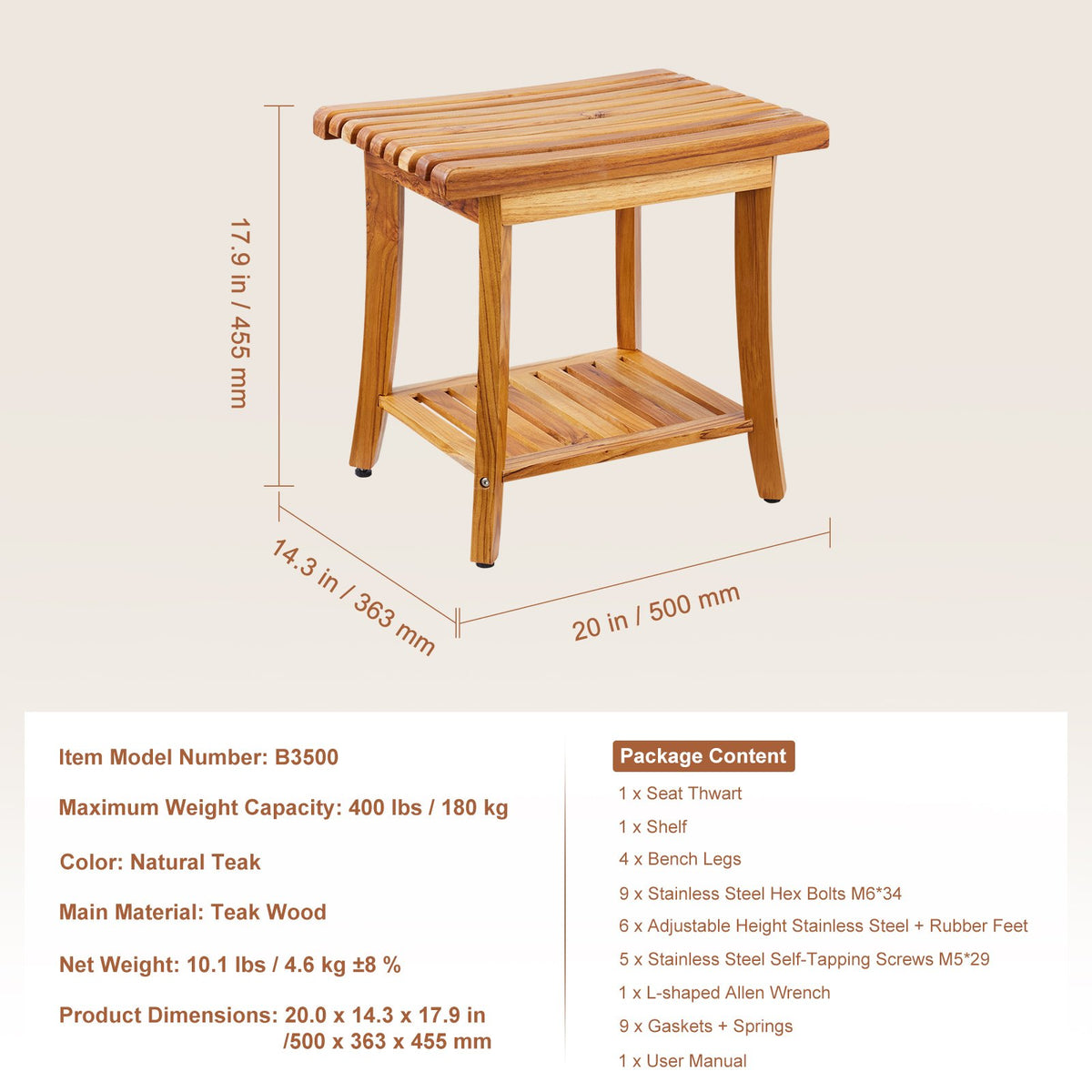 Teak shower bench with supplier dimensions and load specification