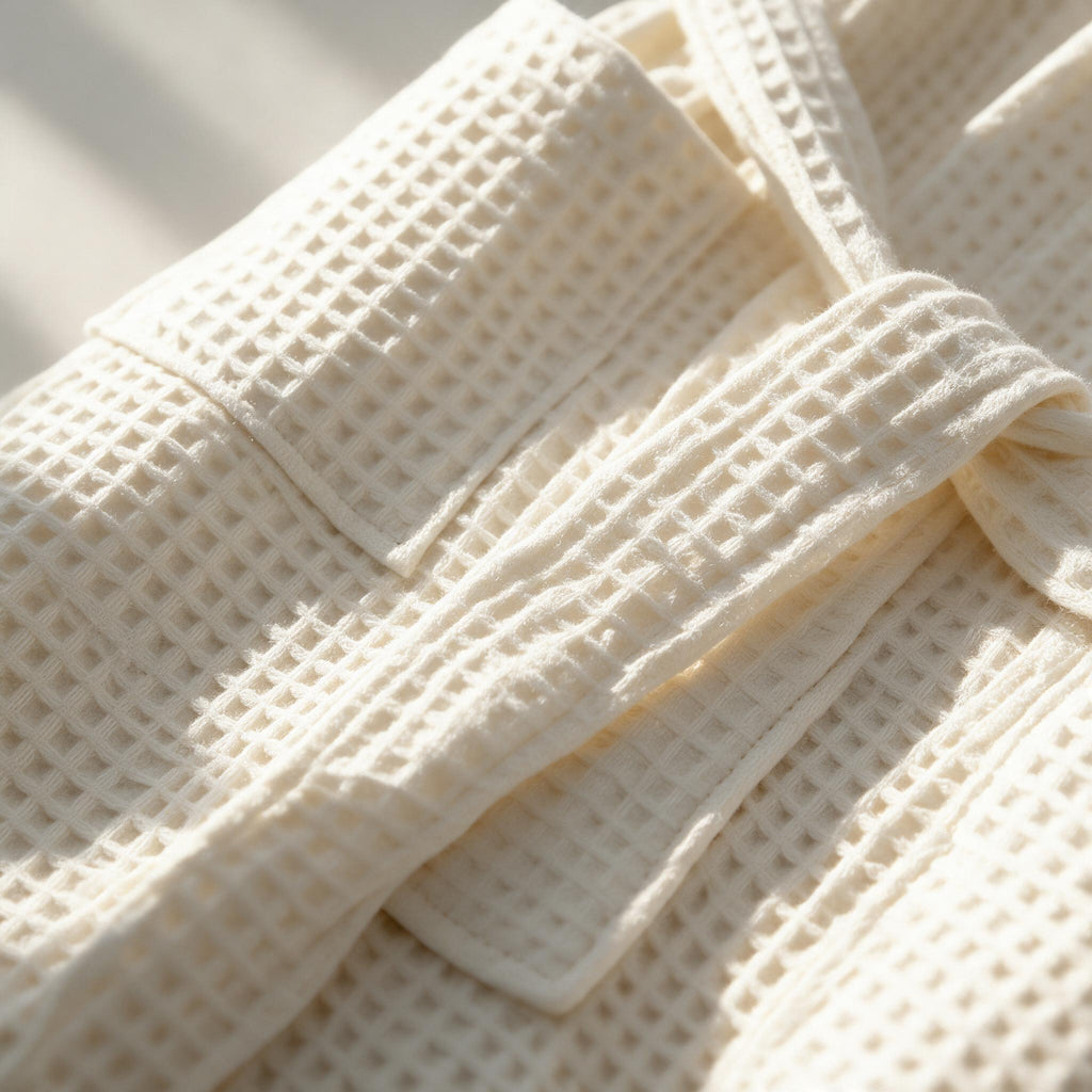 Waffle Cotton Bathrobe — Beige — material and construction detail