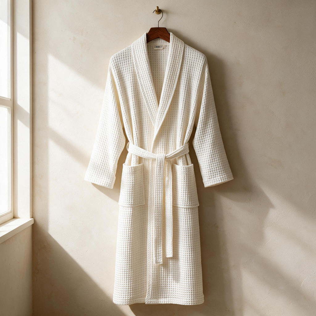 Waffle Cotton Bathrobe — Beige — full product