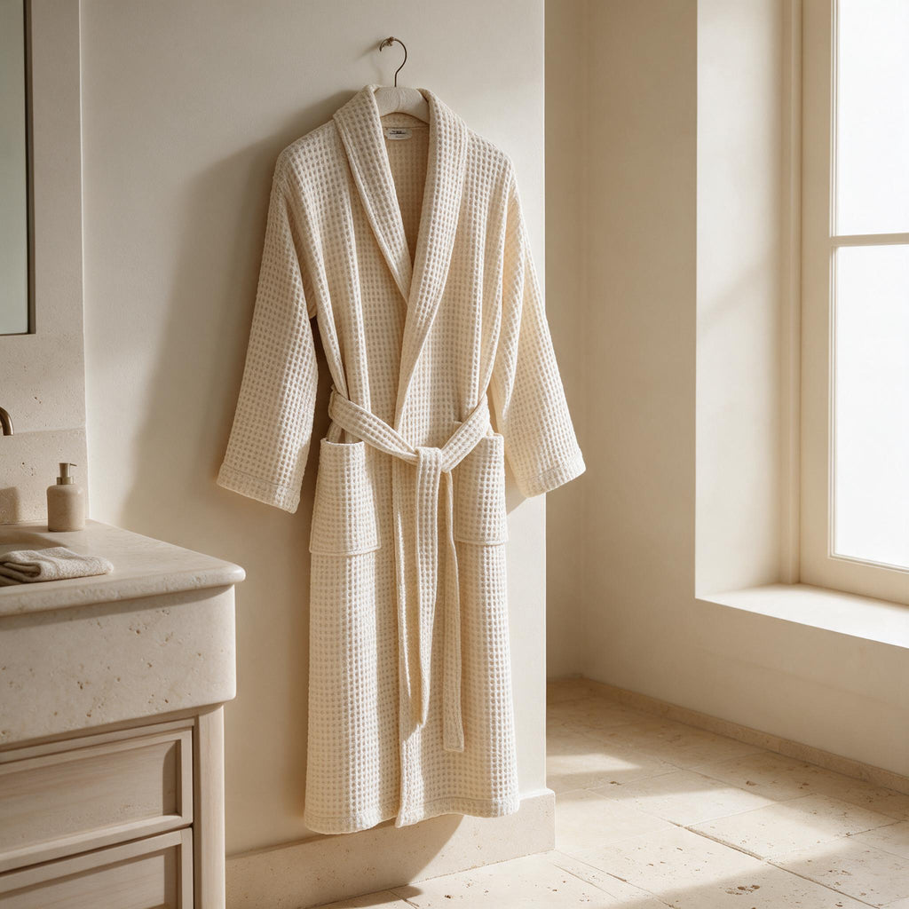 Waffle Cotton Bathrobe — Beige — in a calm home setting