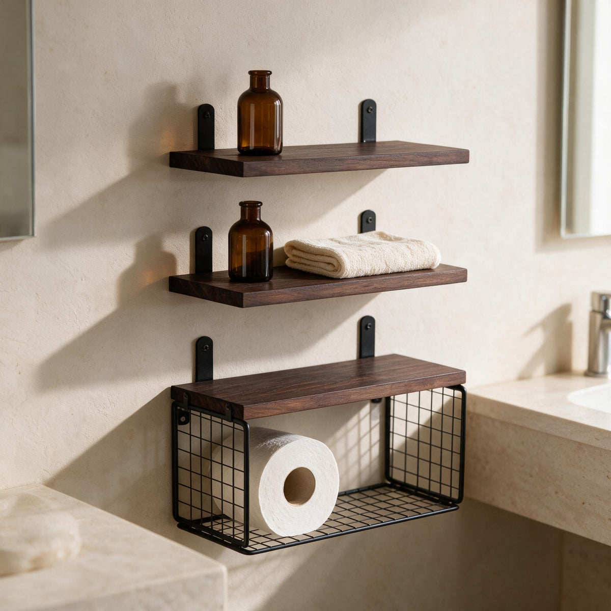 Floating Wall Shelves with Basket - Set of 3 — styled in a warm neutral indoor setting.
