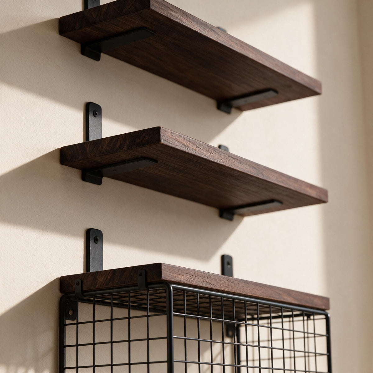 Floating Wall Shelves with Basket - Set of 3 — close detail of the original material and construction.