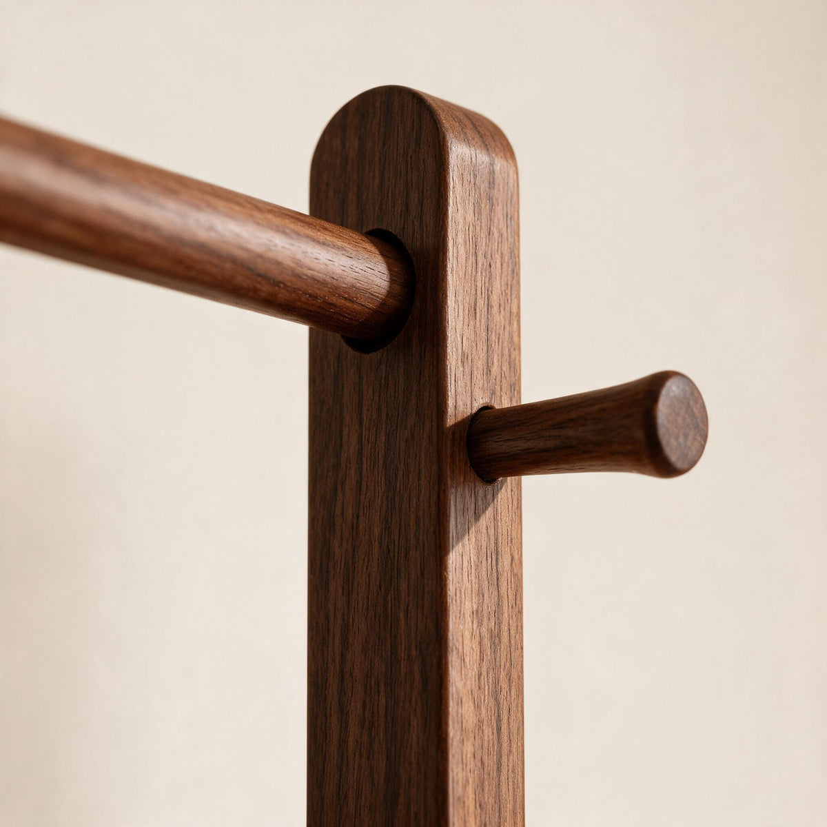 Wooden Coat Rack - Walnut Finish — close detail of the original material and construction.
